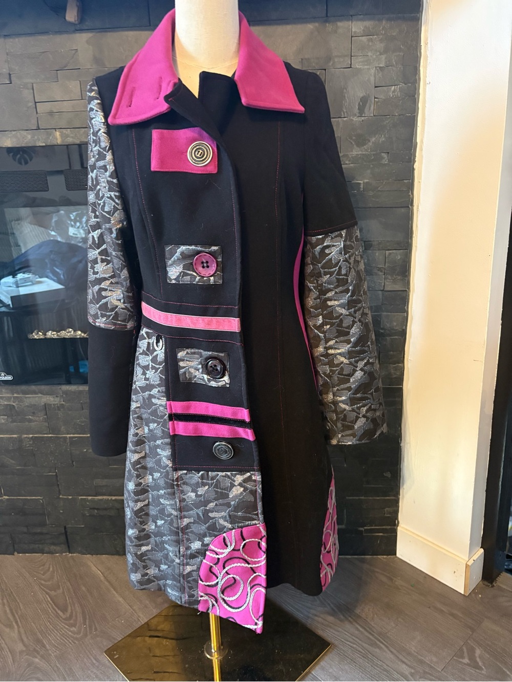 Women's Black whool type Coat with Fuchsia Trim and Patterned Panels